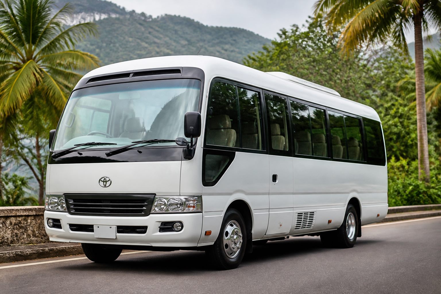 White Toyota Coaster mini bus for large group travel in Sri Lanka