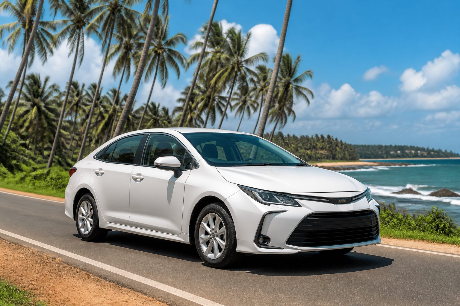 White sedan on a scenic coastal road — private chauffeur tours in Sri Lanka