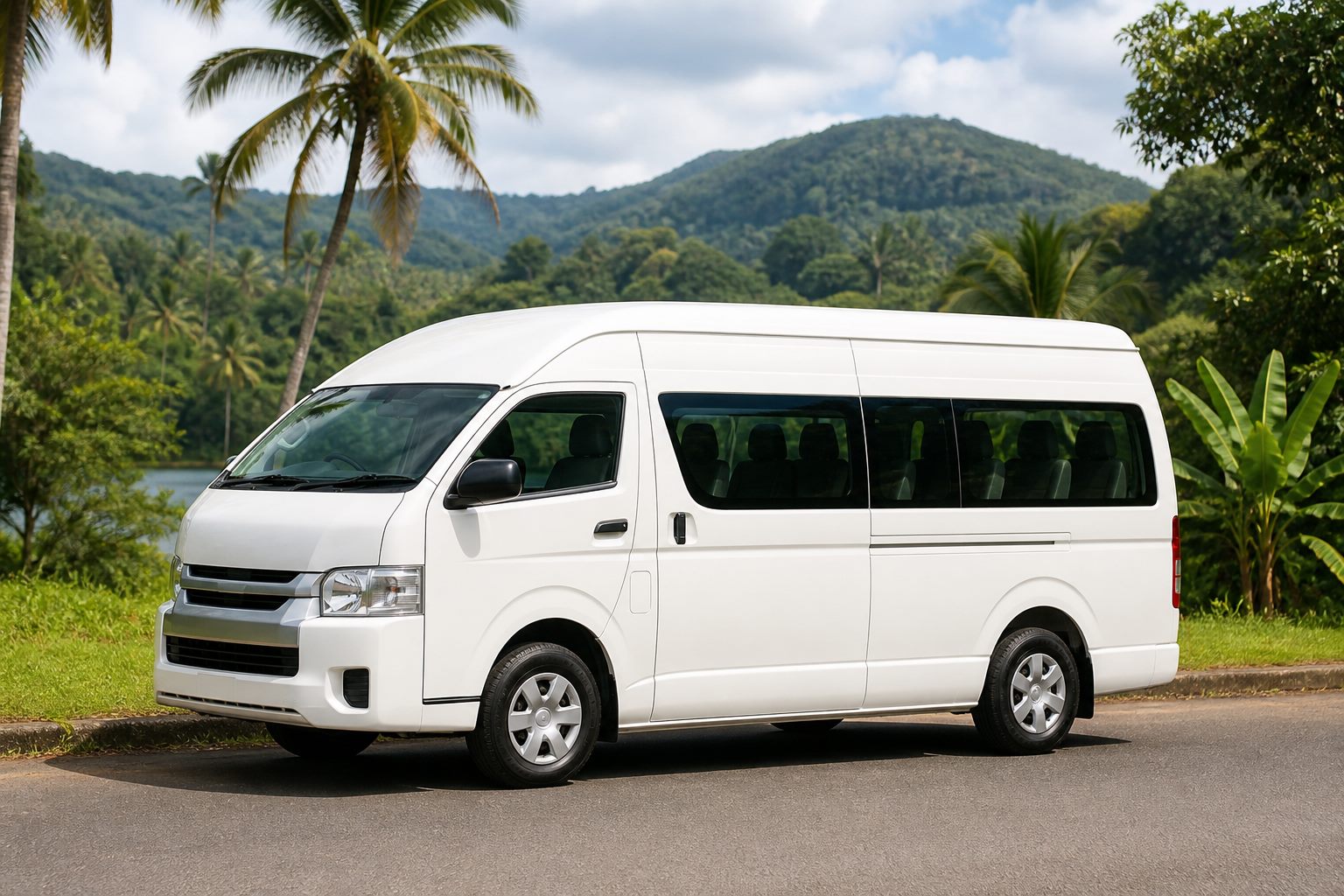 White passenger van for group tours in Sri Lanka